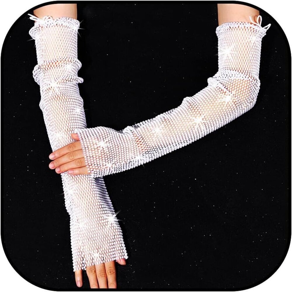 Women's White Rave Rhinestone Gloves Fingerless White New Year Mesh Arm Sleeves